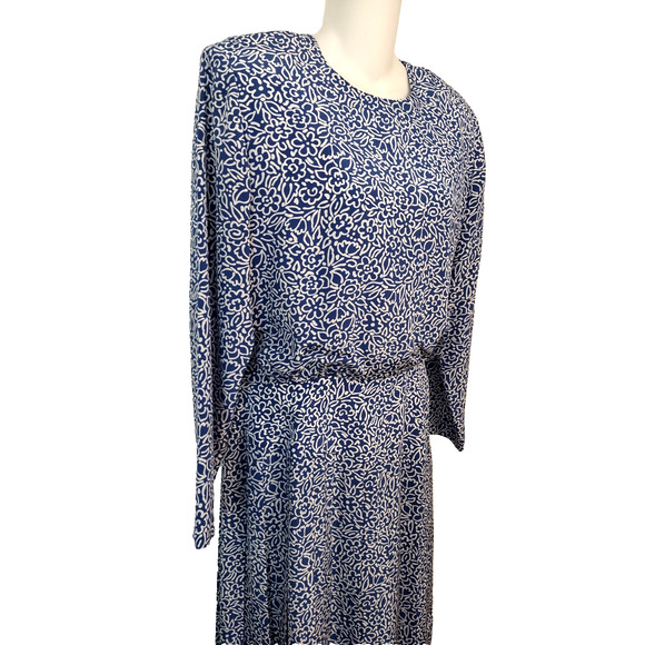 Talbots Dress Blue Floral Dropwaist Pleated Midi Long Sleeves Button Back 12 - Picture 8 of 14